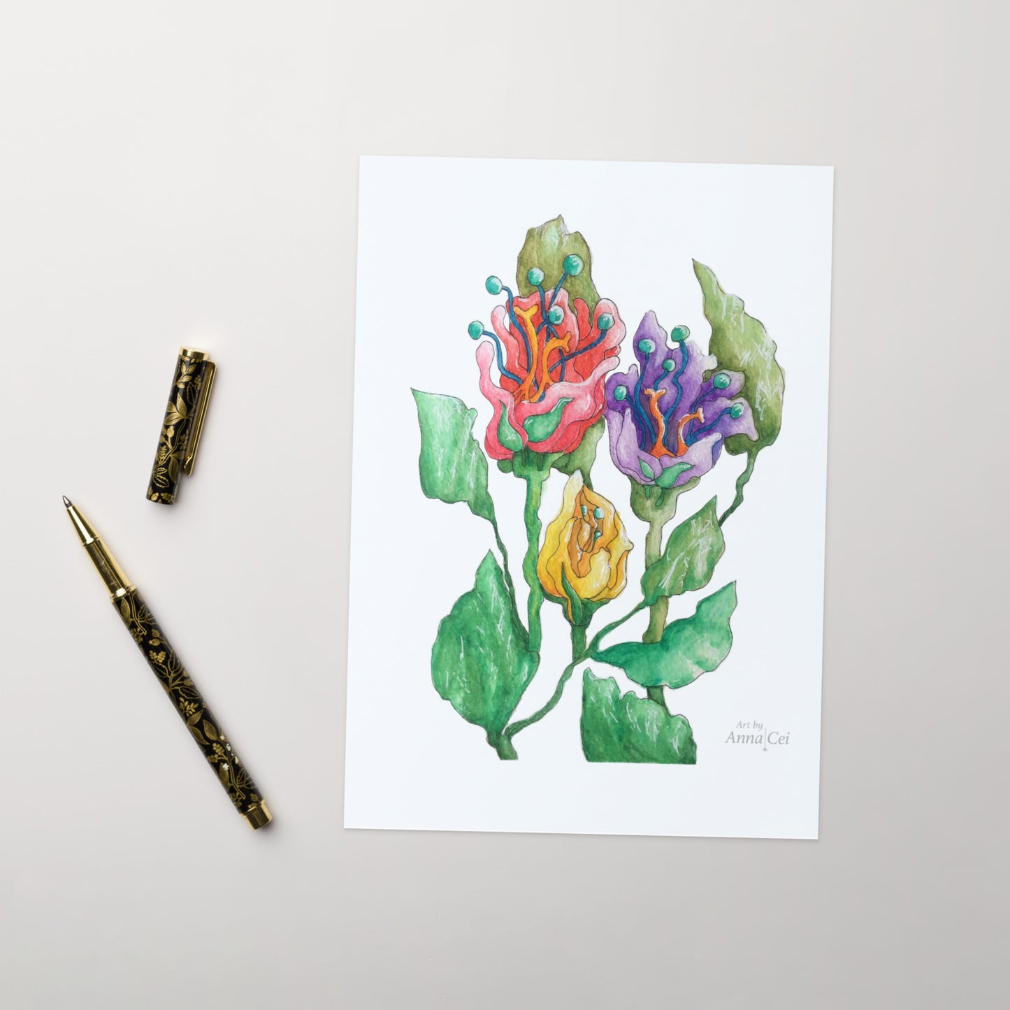 Three fantasy Flowers - Folded Art Card